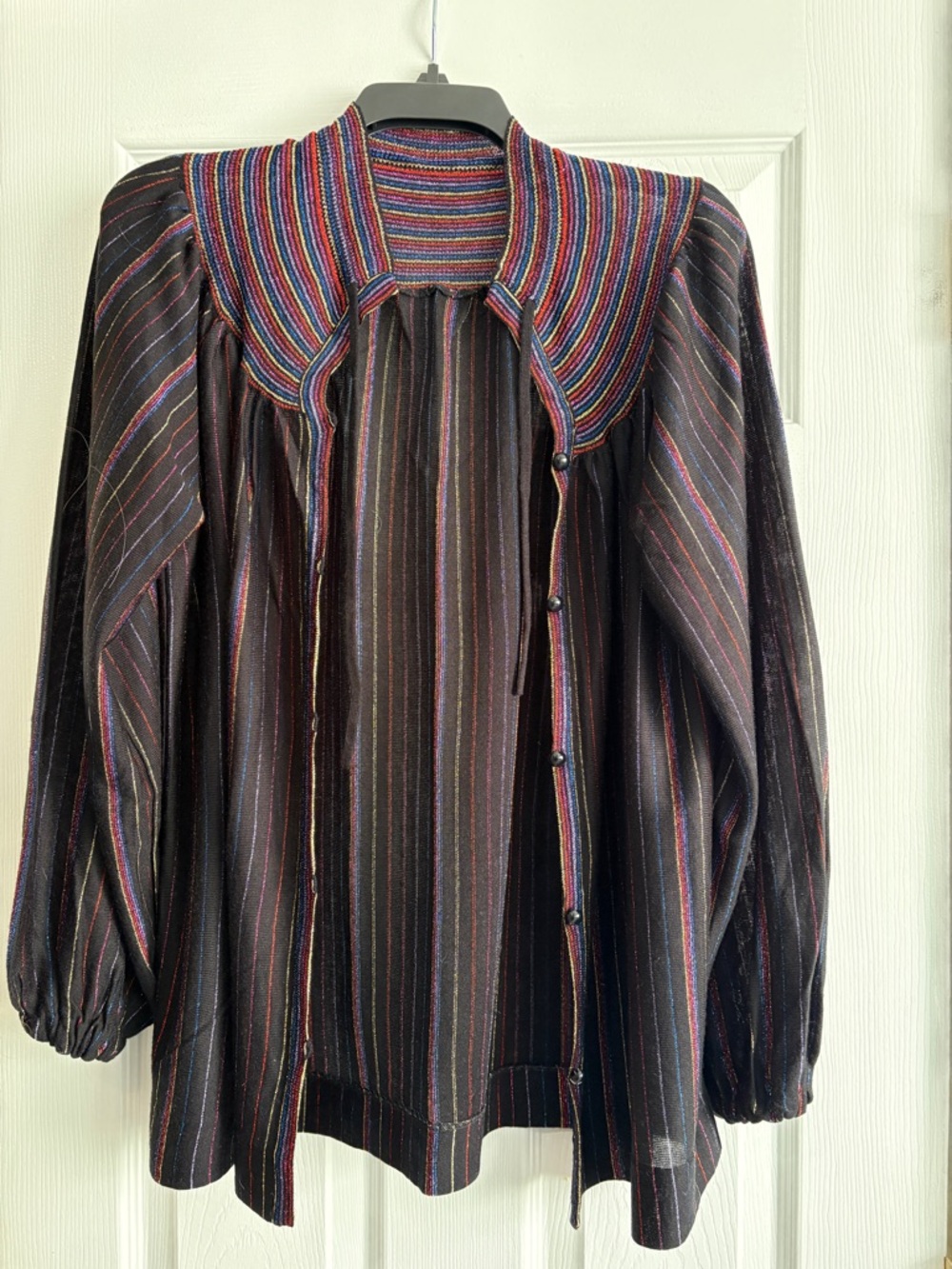 Black Striped Women’s Cardigan with Multicolor Ribbed Collar